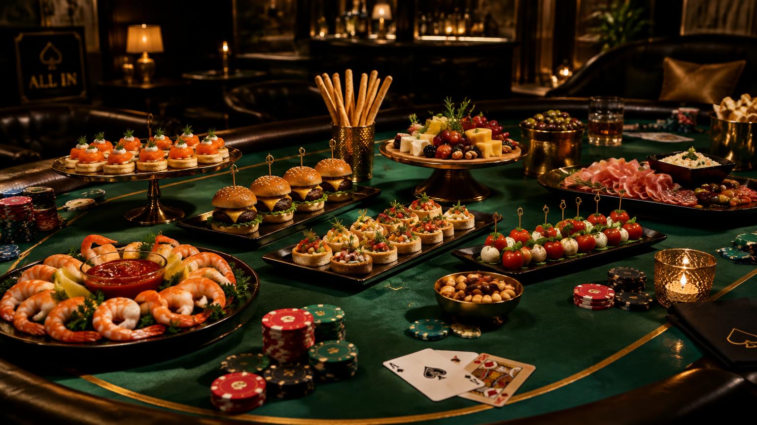 Cateringbuffet op een pokertafel